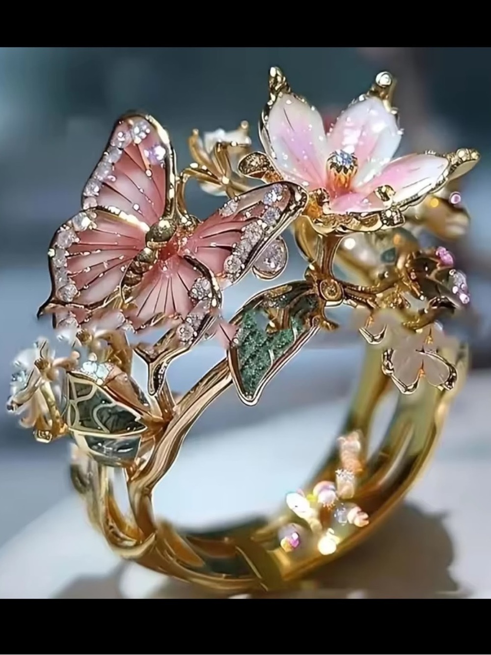 Anthropologie Gold Tone Ring with Pink Enamel Butterfly & Floral Accents
